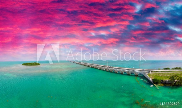 Picture of Florida Keys Bridge beautiful sunset aerial view